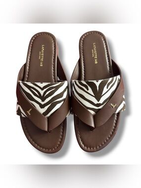 Lafayette 148 New York Zebra Print Brown Leather Thong Sandals Size 6.5